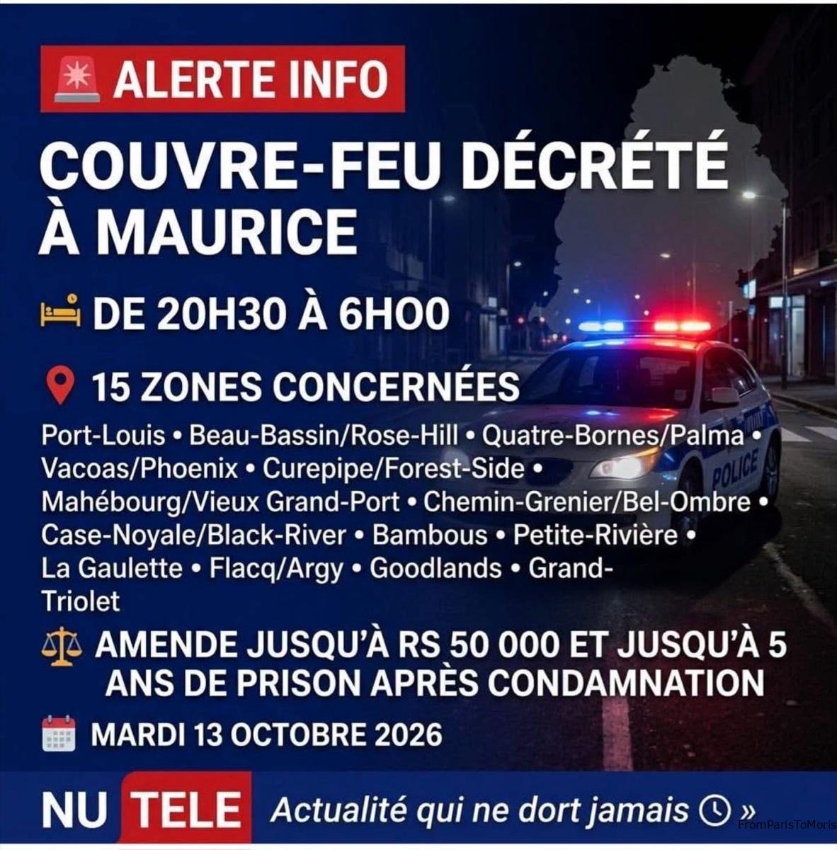 Annonce officielle du couvre-feu à l'île Maurice, octobre 2026